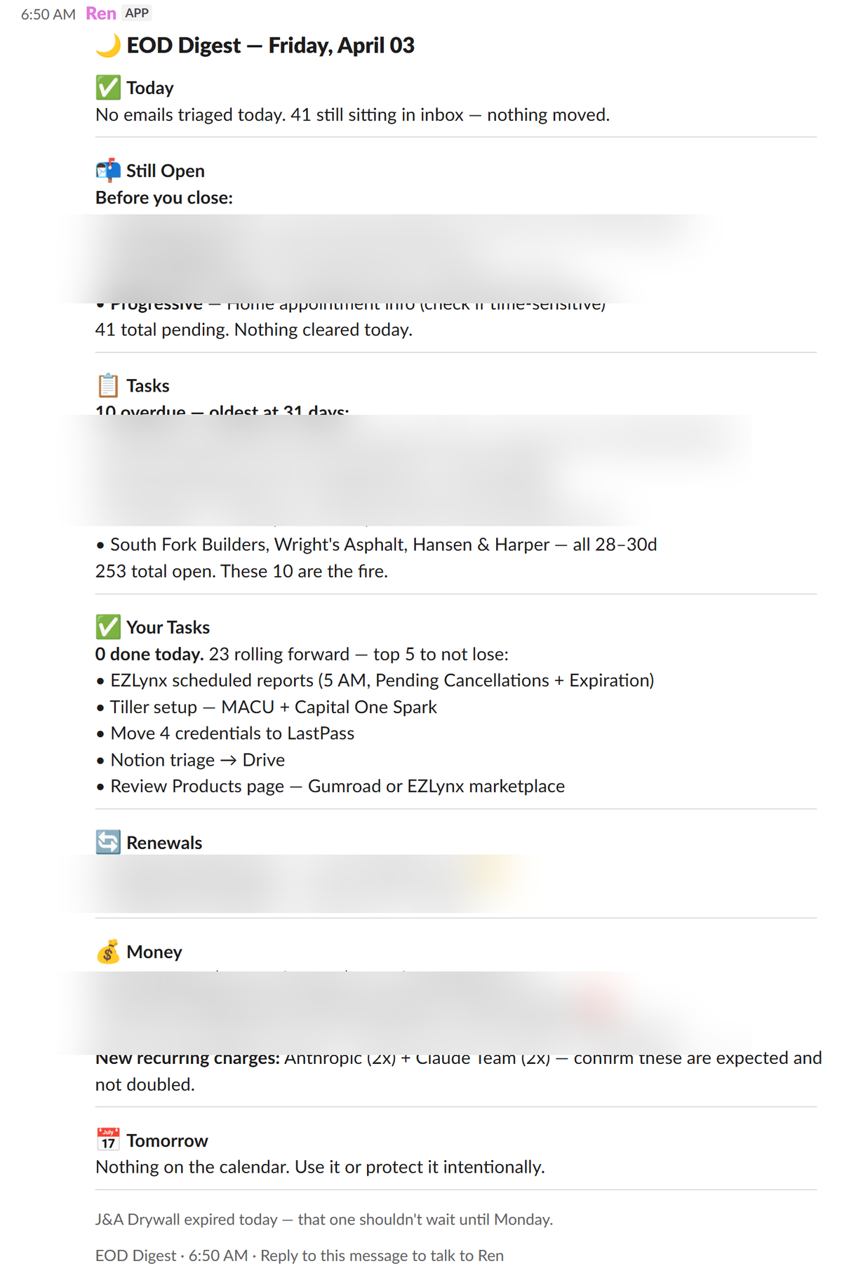 Ren's end-of-day digest — tasks, overdue items, money summary